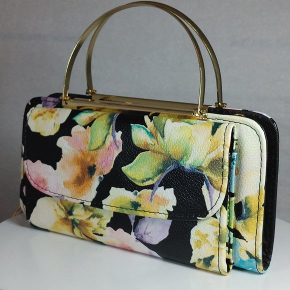 Black Floral Clutch Wallet Purse Handbag Metal Handles w Crossbody Chain Strap - Picture 5 of 9
